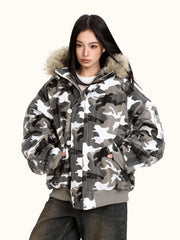 Loose Retro Camouflage Stitching Fur Collar Cotton-padded Jacket