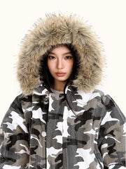 Loose Retro Camouflage Stitching Fur Collar Cotton-padded Jacket