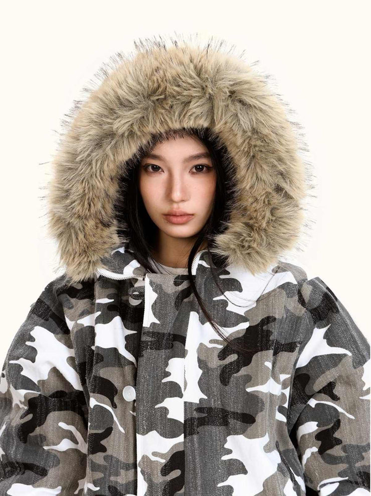 Loose Retro Camouflage Stitching Fur Collar Cotton-padded Jacket