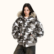 Loose Retro Camouflage Stitching Fur Collar Cotton-padded Jacket