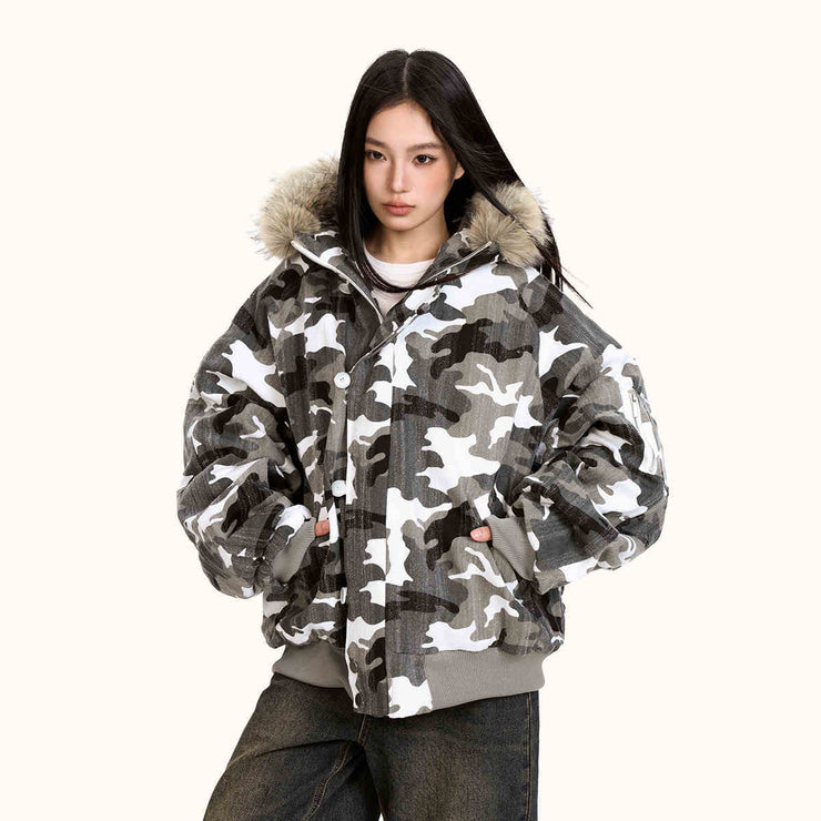 Loose Retro Camouflage Stitching Fur Collar Cotton-padded Jacket