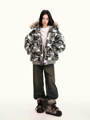 Loose Retro Camouflage Stitching Fur Collar Cotton-padded Jacket