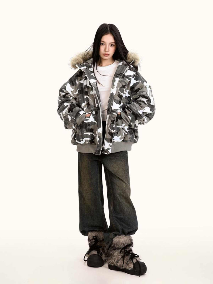 Loose Retro Camouflage Stitching Fur Collar Cotton-padded Jacket