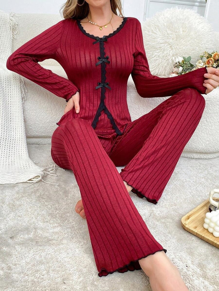 Long Sleeve Trousers Casual Homewear Lace Cardigan Suit