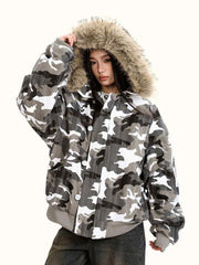 Loose Retro Camouflage Stitching Fur Collar Cotton-padded Jacket
