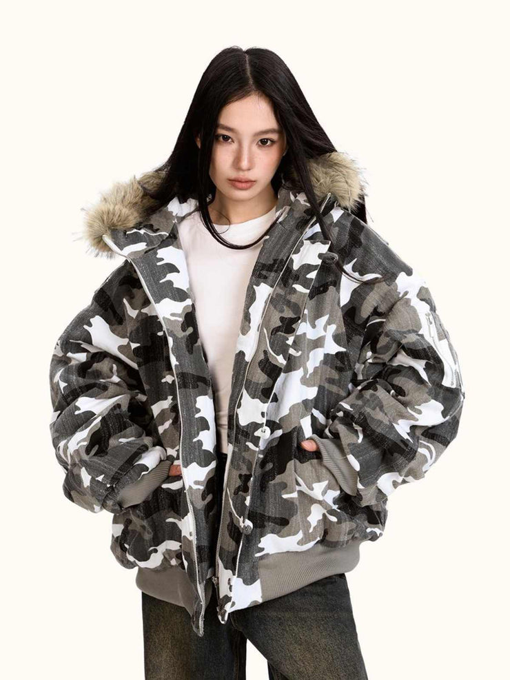 Loose Retro Camouflage Stitching Fur Collar Cotton-padded Jacket